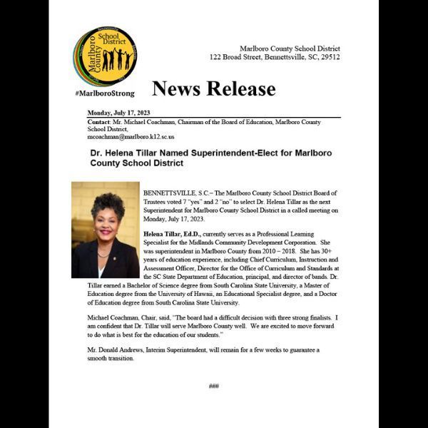 Press Release### Dr. Tillar Named Superintendent Elect | Marlboro ...