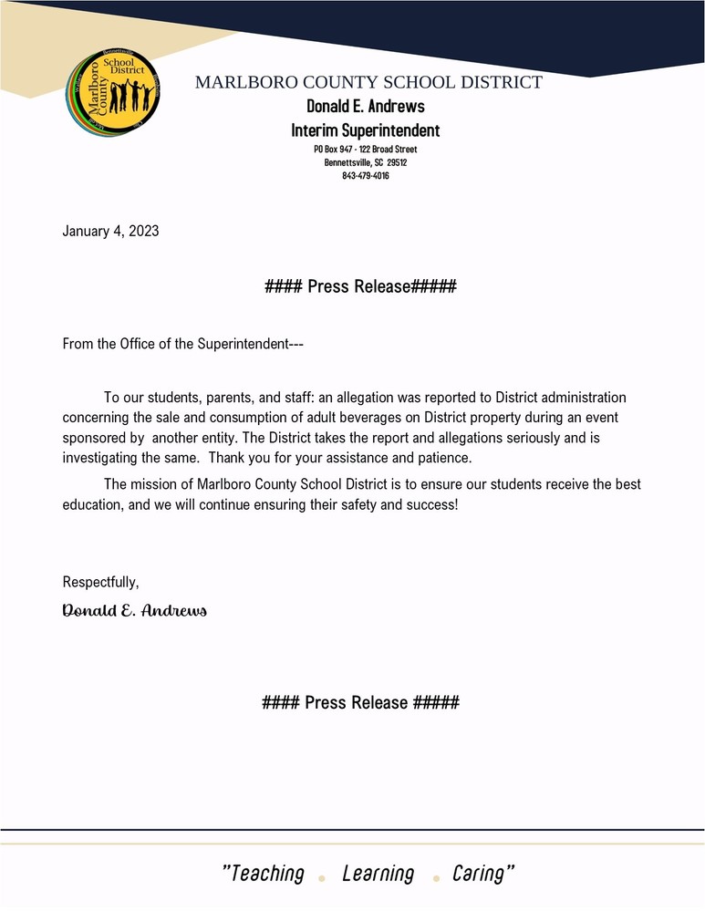 Press Release from Superintendent Andrews